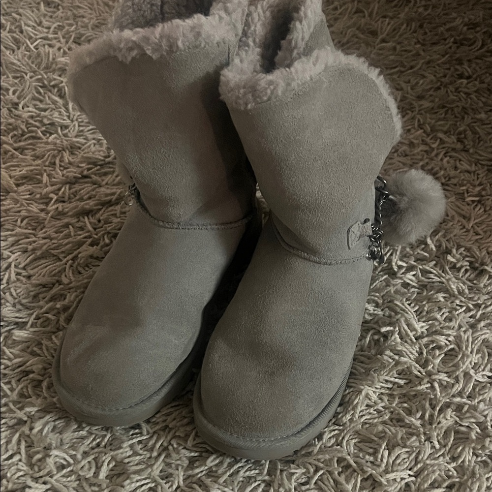 UGG Gray Suede Winter Boots with Pom Pom and jewels